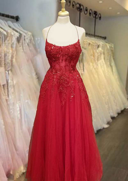 Square Neckline Spaghetti Straps Long/Floor-Length Tulle Prom Dress With Appliqued Beading Glitter