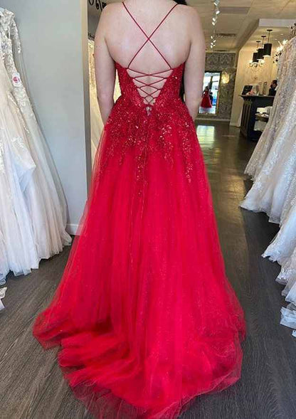 Square Neckline Spaghetti Straps Long/Floor-Length Tulle Prom Dress With Appliqued Beading Glitter