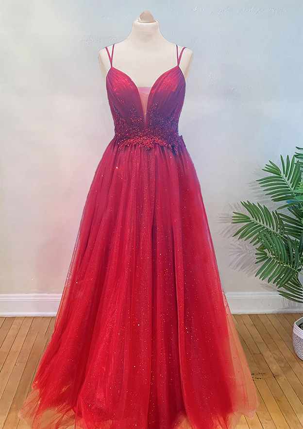 V Neck Spaghetti Straps Long/Floor-Length Tulle Prom Dress With Appliqued Beading Pleated Glitter