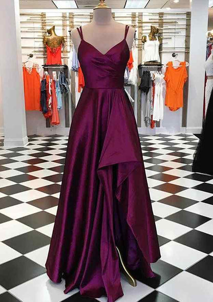 V Neck Spaghetti Straps Long/Floor-Length Satin Prom Dress With Pleated Split