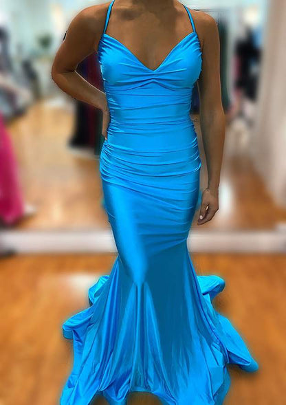 V Neck Sleeveless Sweep Train Jersey Prom Dress With Pleated