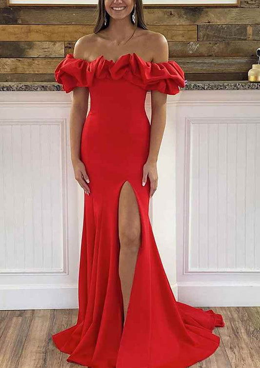 Off-the-Shoulder Sleeveless Sweep Train Satin Prom Dress With Ruffles Split