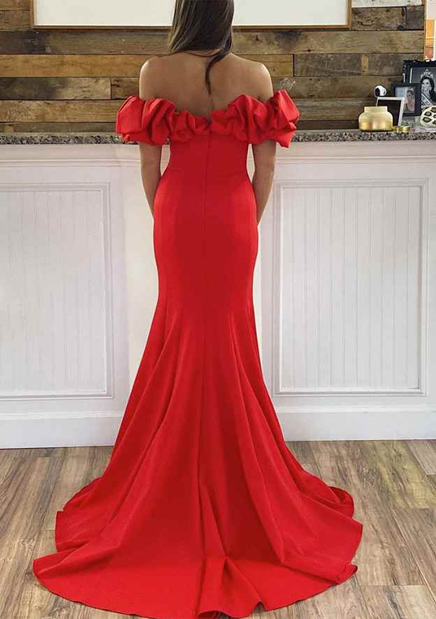 Off-the-Shoulder Sleeveless Sweep Train Satin Prom Dress With Ruffles Split