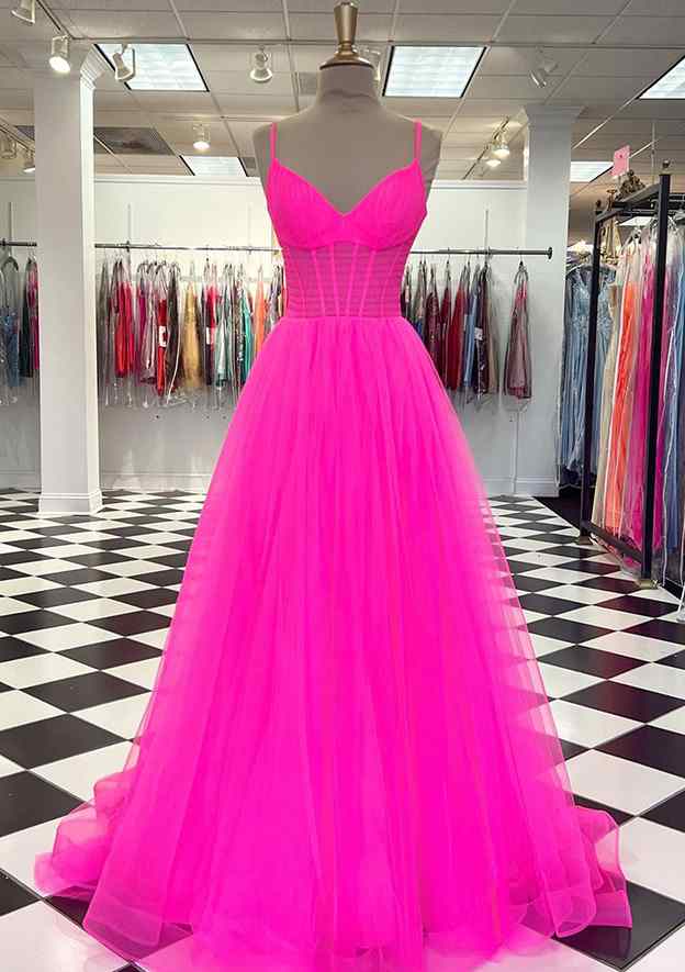 V Neck Spaghetti Straps Sweep Train Tulle Prom Dress With Pleated