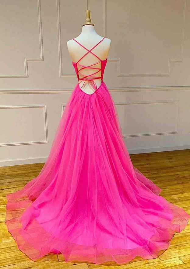 V Neck Spaghetti Straps Sweep Train Tulle Prom Dress With Pleated