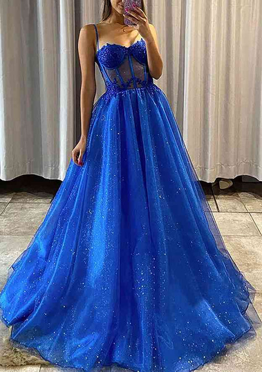 Sweetheart Sleeveless Sweep Train Tulle Glitter Prom Dress With Appliqued