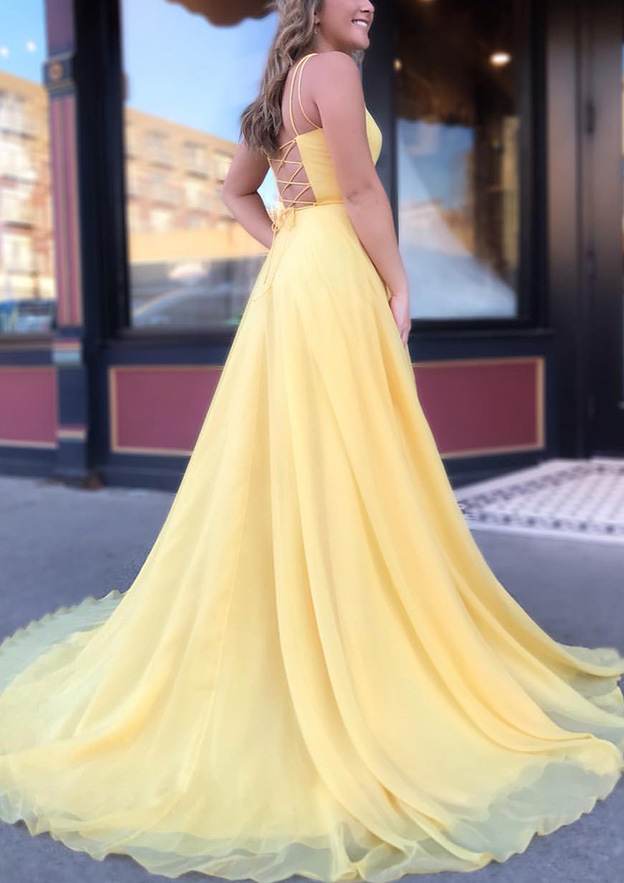 Bateau Spaghetti Straps Sweep Train Chiffon Prom Dress