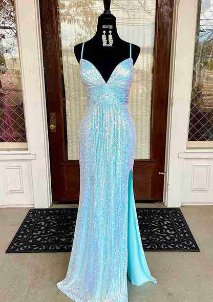 V Neck Spaghetti Straps Sweep Train Sequined Prom Dress With Split