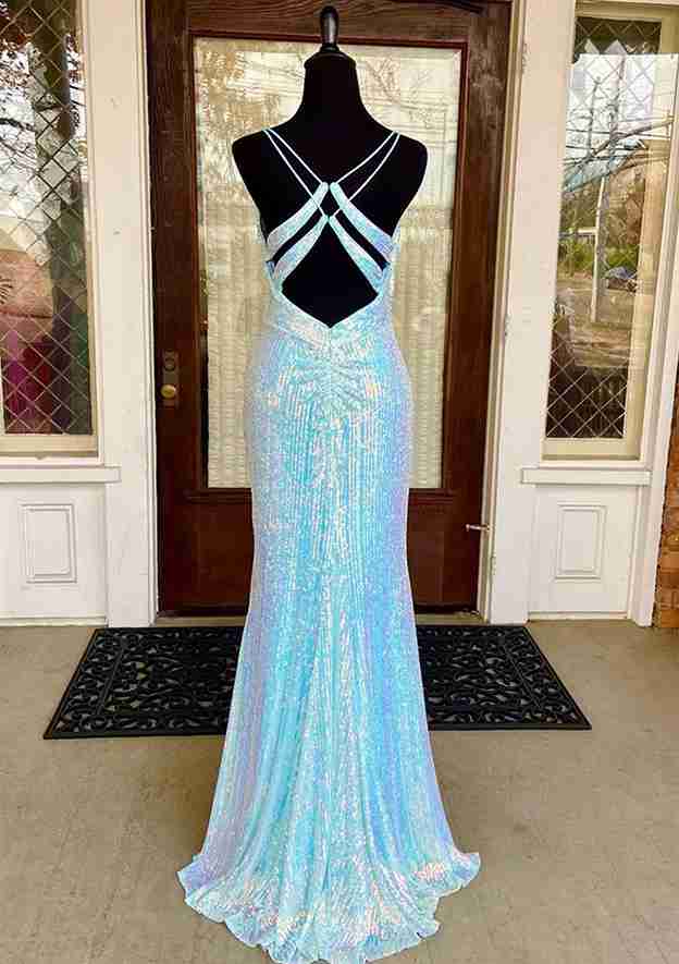 V Neck Spaghetti Straps Sweep Train Sequined Prom Dress With Split