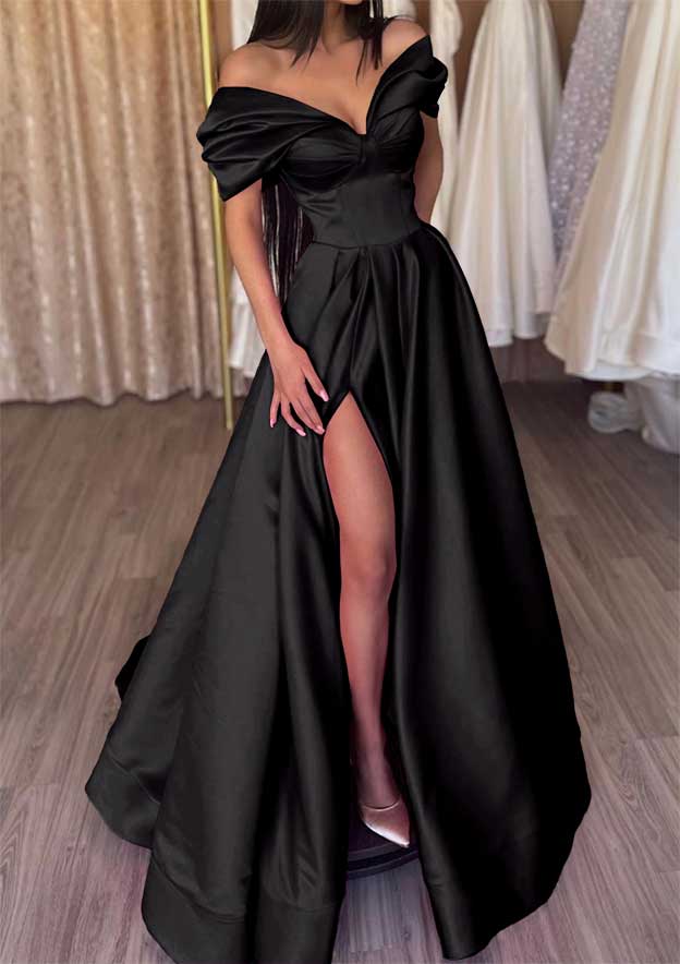 Off-the-Shoulder Short Sleeve Satin Long/Floor-Length Prom Dress With Ruffles Split