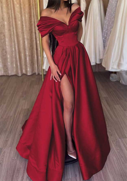 Off-the-Shoulder Short Sleeve Satin Long/Floor-Length Prom Dress With Ruffles Split