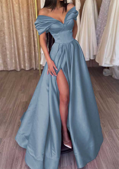 Off-the-Shoulder Short Sleeve Satin Long/Floor-Length Prom Dress With Ruffles Split