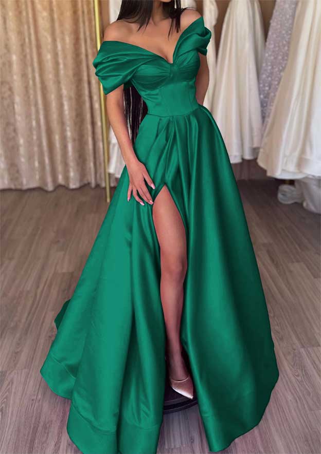 Off-the-Shoulder Short Sleeve Satin Long/Floor-Length Prom Dress With Ruffles Split