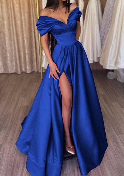 Off-the-Shoulder Short Sleeve Satin Long/Floor-Length Prom Dress With Ruffles Split