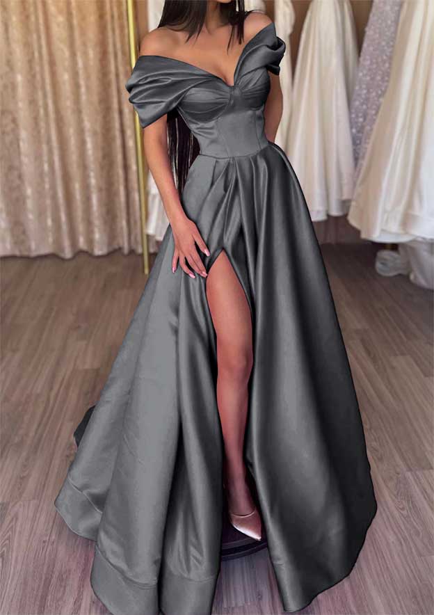 Off-the-Shoulder Short Sleeve Satin Long/Floor-Length Prom Dress With Ruffles Split