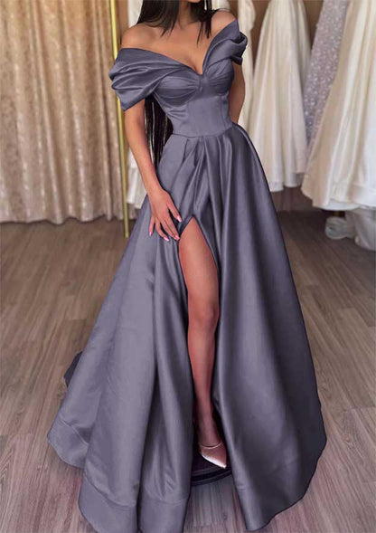 Off-the-Shoulder Short Sleeve Satin Long/Floor-Length Prom Dress With Ruffles Split