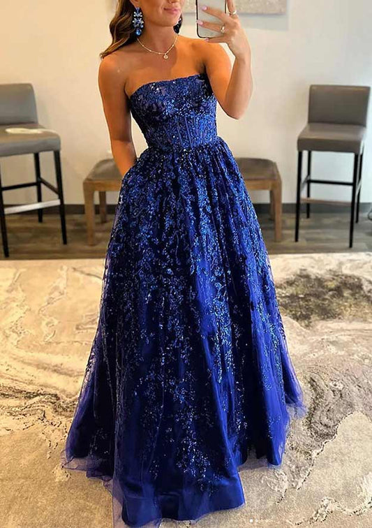 Strapless Long/Floor-Length Lace Prom Dress With Pockets Special Occasion Dresses