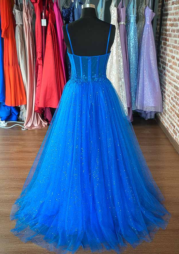 Sweetheart Sleeveless Sweep Train Tulle Glitter Prom Dress With Appliqued