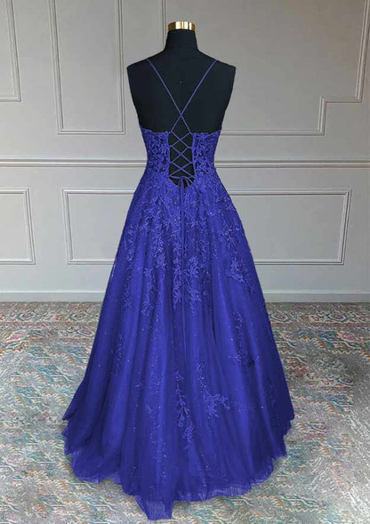 V Neck Spaghetti Straps Long/Floor-Length Tulle Prom Dress With Appliqued Beading Glitter