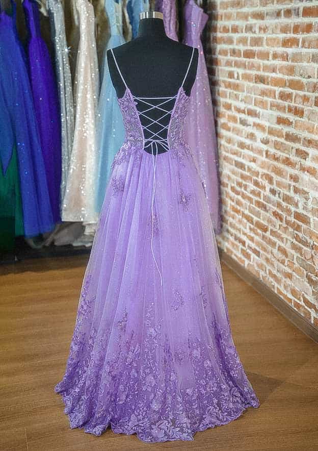 Long/Floor-Length Tulle Prom Dress with Appliqued Beading Glitter