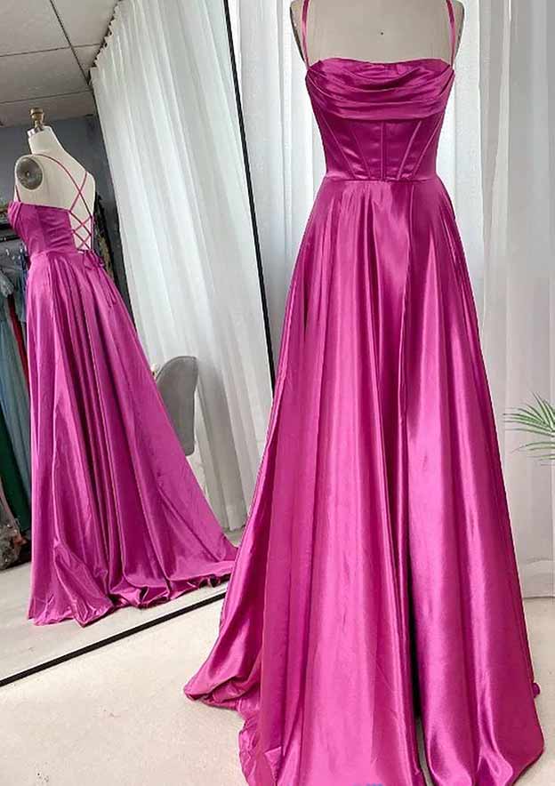 A-line Square Neckline Spaghetti Straps Sweep Train Charmeuse Prom Dress