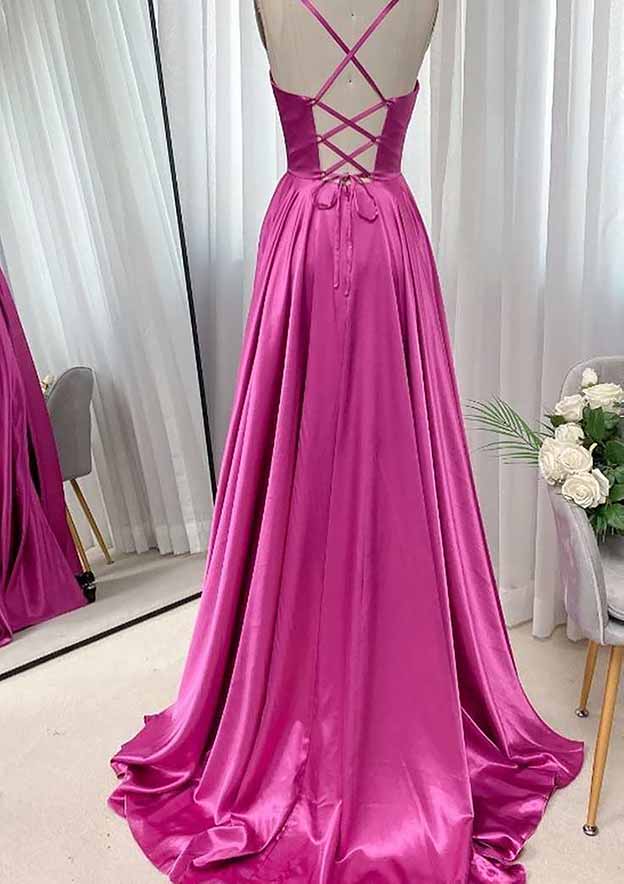 A-line Square Neckline Spaghetti Straps Sweep Train Charmeuse Prom Dress