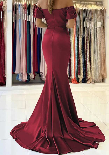 Off-the-Shoulder Short Sleeve Satin Sweep Train Prom Dress With Pleated