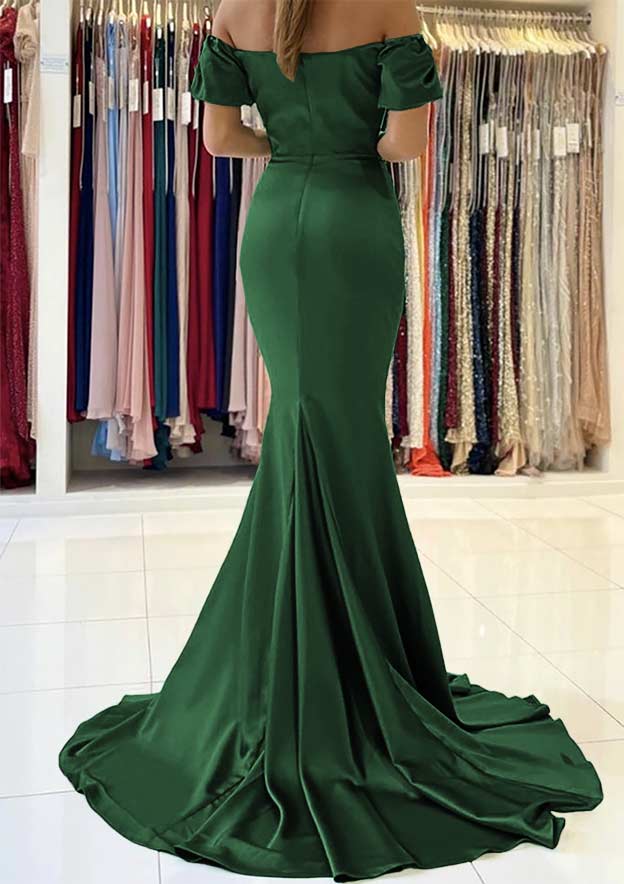 Off-the-Shoulder Short Sleeve Satin Sweep Train Prom Dress With Pleated