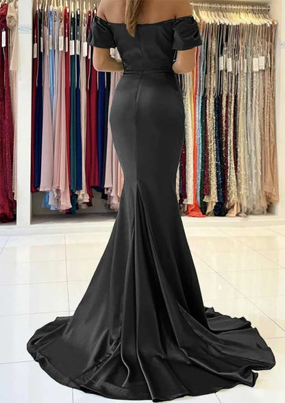 Off-the-Shoulder Short Sleeve Satin Sweep Train Prom Dress With Pleated