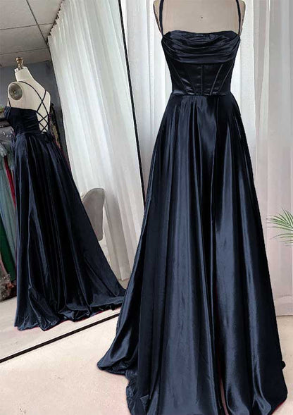 A-line Square Neckline Spaghetti Straps Sweep Train Charmeuse Prom Dress