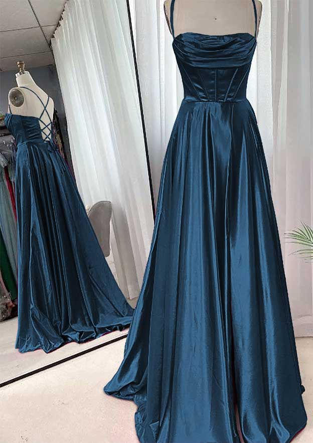 A-line Square Neckline Spaghetti Straps Sweep Train Charmeuse Prom Dress