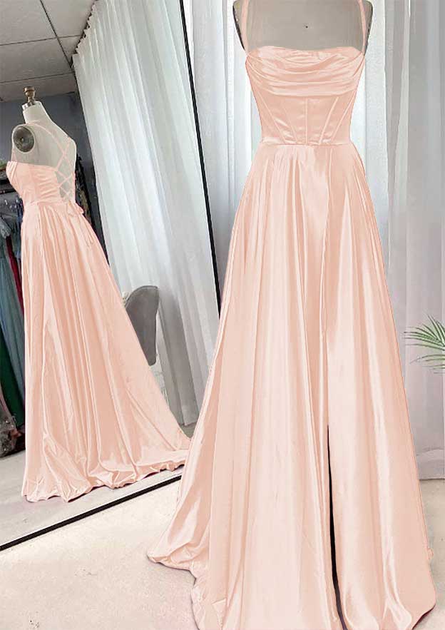 A-line Square Neckline Spaghetti Straps Sweep Train Charmeuse Prom Dress