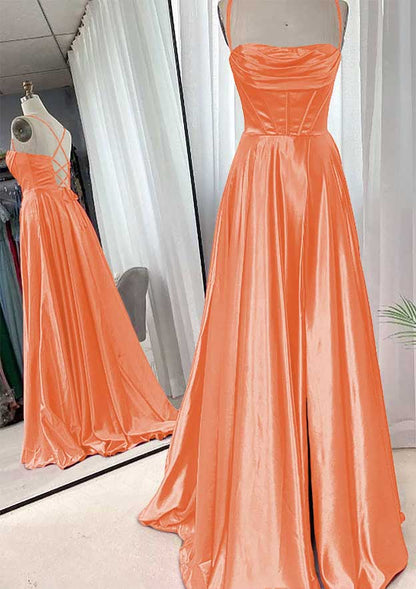 A-line Square Neckline Spaghetti Straps Sweep Train Charmeuse Prom Dress