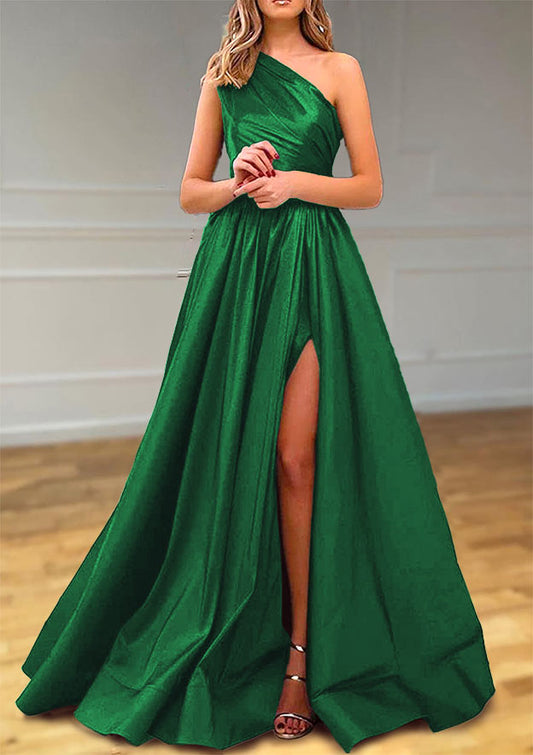 One-Shoulder Satin Prom Dress With Pleated Split