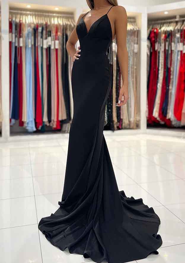 V Neck Sweep Train Sleeveless Satin Prom Dress