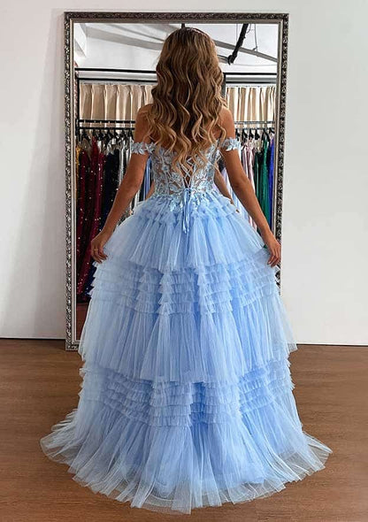 Off-the-Shoulder Sleeveless Sweep Train Tulle Prom Dress with Appliqued Beading Ruffles