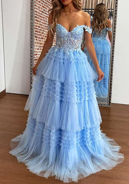 Off-the-Shoulder Sleeveless Sweep Train Tulle Prom Dress with Appliqued Beading Ruffles