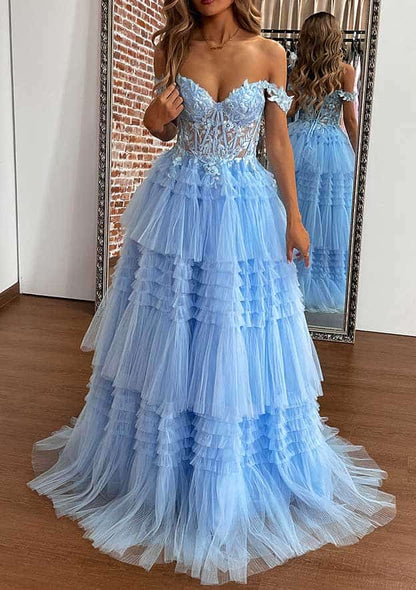 Off-the-Shoulder Sleeveless Sweep Train Tulle Prom Dress with Appliqued Beading Ruffles