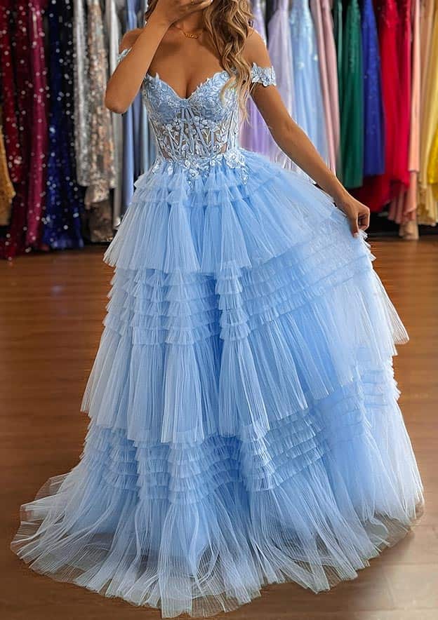 Off-the-Shoulder Sleeveless Sweep Train Tulle Prom Dress with Appliqued Beading Ruffles