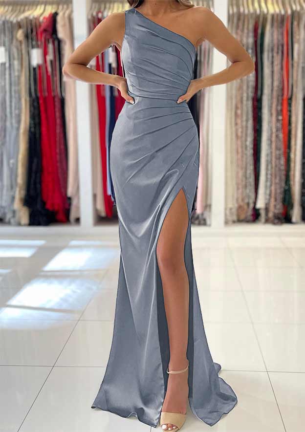 One-Shoulder Sleeveless Long/Floor-Length Silk like Satin Prom Dress with Split Pleated