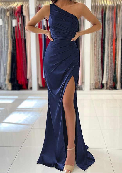 One-Shoulder Sleeveless Long/Floor-Length Silk like Satin Prom Dress with Split Pleated