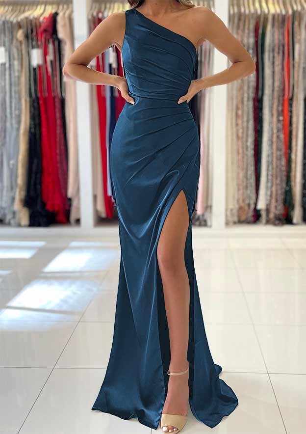 One-Shoulder Sleeveless Long/Floor-Length Silk like Satin Prom Dress with Split Pleated