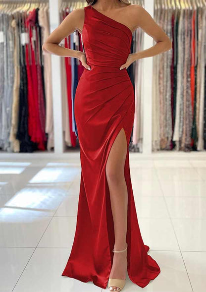 One-Shoulder Sleeveless Long/Floor-Length Silk like Satin Prom Dress with Split Pleated