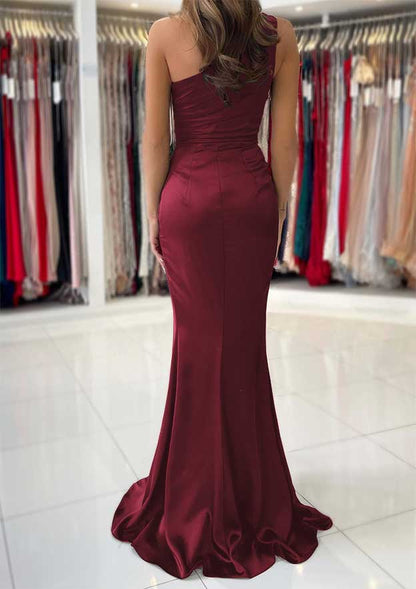 One-Shoulder Sleeveless Long/Floor-Length Silk like Satin Prom Dress with Split Pleated