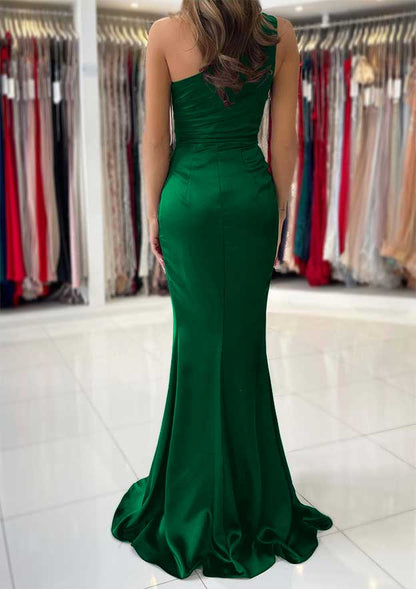 One-Shoulder Sleeveless Long/Floor-Length Silk like Satin Prom Dress with Split Pleated