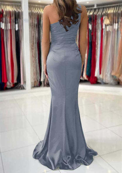 One-Shoulder Sleeveless Long/Floor-Length Silk like Satin Prom Dress with Split Pleated