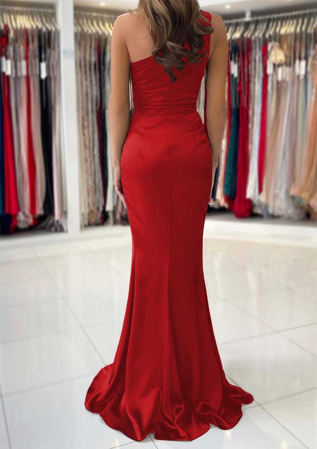 One-Shoulder Sleeveless Long/Floor-Length Silk like Satin Prom Dress with Split Pleated