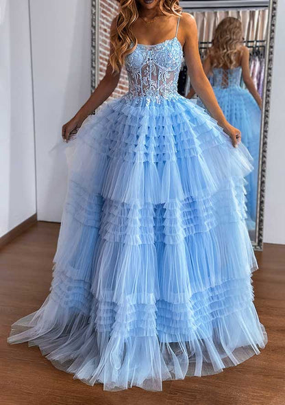 Sleeveless Sweep Train Tulle Prom Dress with Appliqued Ruffles