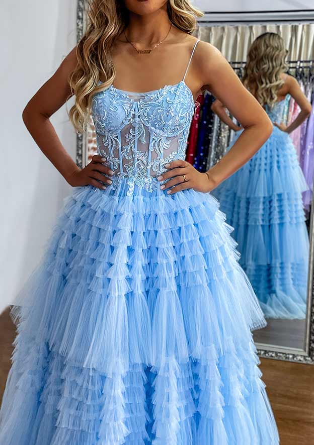 Sleeveless Sweep Train Tulle Prom Dress with Appliqued Ruffles