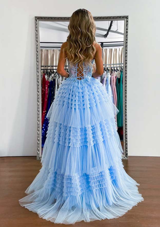 Sleeveless Sweep Train Tulle Prom Dress with Appliqued Ruffles